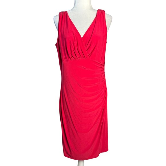 LAUREN Ralph Lauren Red Sleeveless Faux Wrap Ruched Sheath Dress Women's Sz 14 - Picture 2 of 8